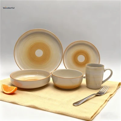 Concentric & Striped Ceramic Dinnerware Set With Brown Rim Concentric & Striped Ceramic Dinnerware Set With Brown Rim